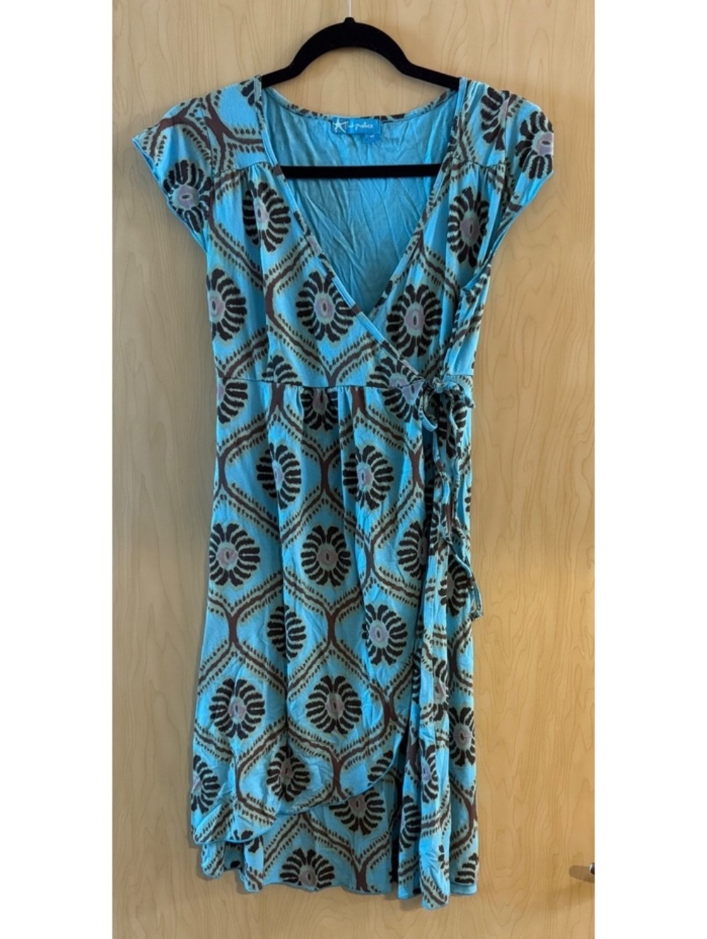 Y2K Fresh Produce blue Figi print wrap dress knee length size xs